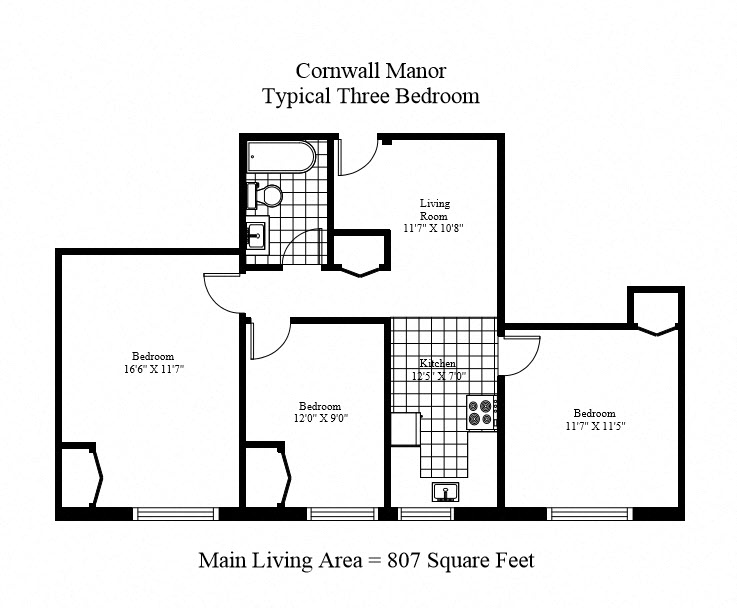 Floor plan for 3 beds, 1 bath, 966 sqft